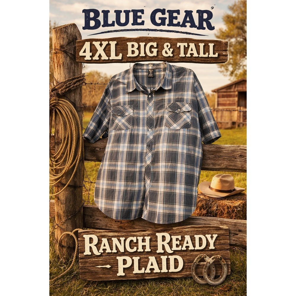 Blue Gear Ranch Ready Plaid Shirt Mens 4XL Big & Tall Short Sleeve Button Down